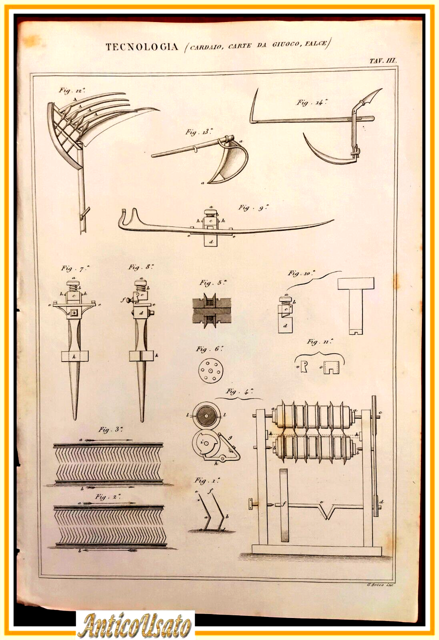 Tecnologia CARDAIO CARTE DA GIOCO FALCE Tavola Incisione Stampa Antica …