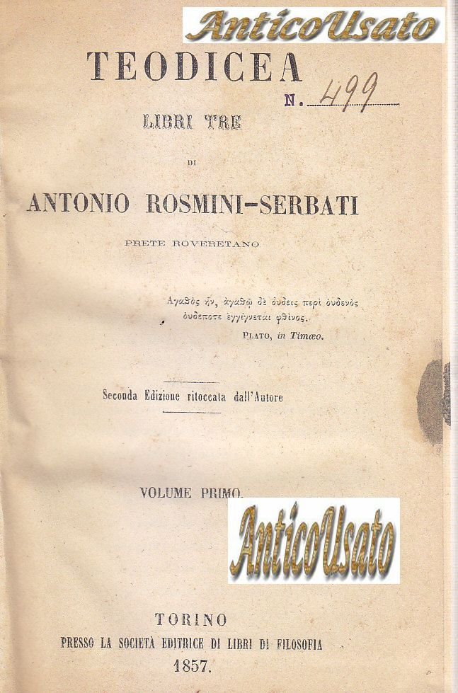 TEODICEA di Antonio Rosmini Serbati 1857 OPERA COMPLETA libri filosofia …