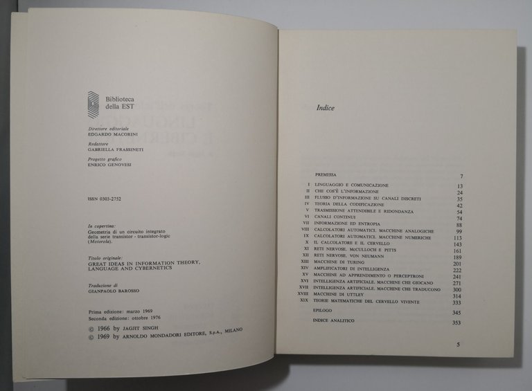 TEORIA DELL'INFORMAZIONE LINGUAGGIO E CIBERNETICA di Jagjit Singh 1969 Mondadori