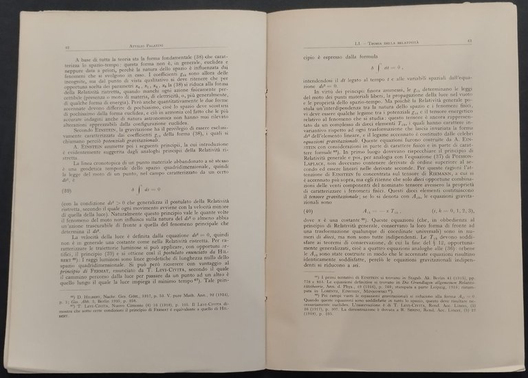TEORIA DELLA RELATIVITÀ di Attilio Palatini 1950 Hoepli Libro matematiche …