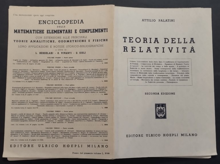TEORIA DELLA RELATIVITÀ di Attilio Palatini 1950 Hoepli Libro matematiche …