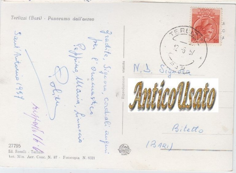TERLIZZI Panorama dell'aereo Cartolina Viaggiata 1957 Bari