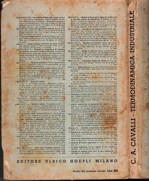 TERMODINAMICA INDUSTRIALE di C A Cavalli 1953 Hoepli Libro Ingegneria …