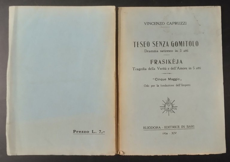 TESEO SENZA GOMITOLO FRASIKÉJA di Francesco Capruzzi 1936 Eliodora Libro …