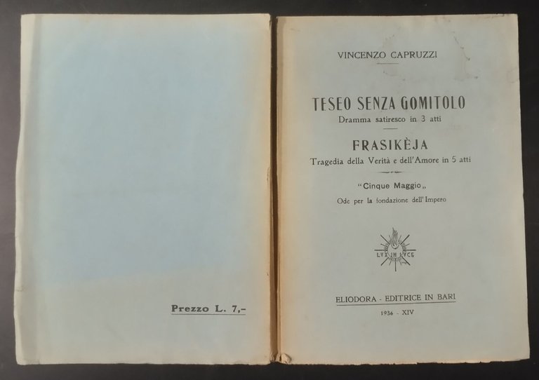 TESEO SENZA GOMITOLO FRASIKÉJA di Francesco Capruzzi 1936 Eliodora Libro …