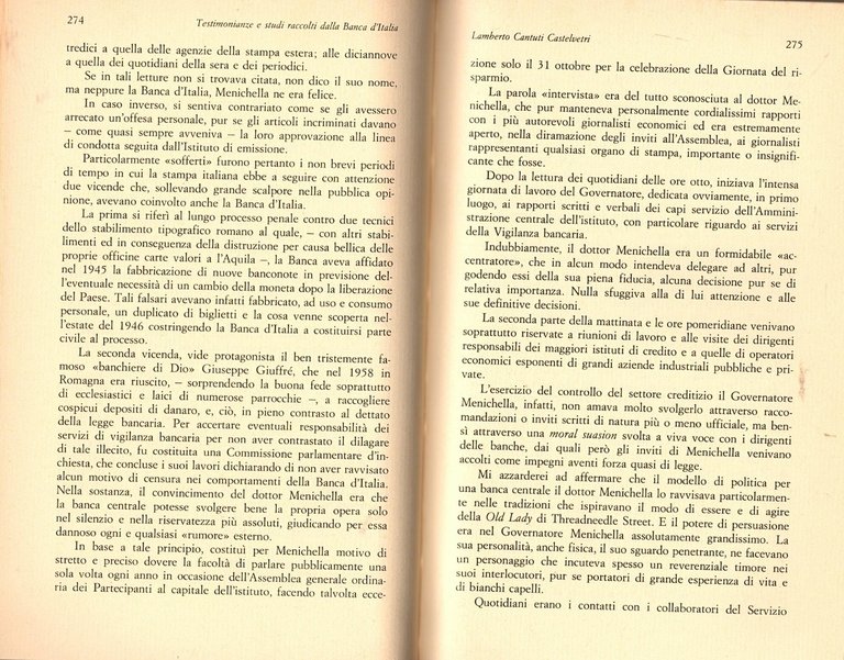 TESTIMONIANZE E STUDI RACCOLTI DALLA BANCA D'ITALIA di Menichella 1986 …