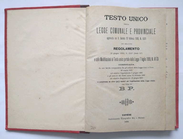 TESTO UNICO DELLA LEGGE COMUNALE E PROVINCIALE 1889 Maj e …