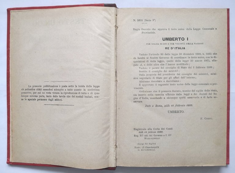 TESTO UNICO DELLA LEGGE COMUNALE E PROVINCIALE 1889 Maj e …
