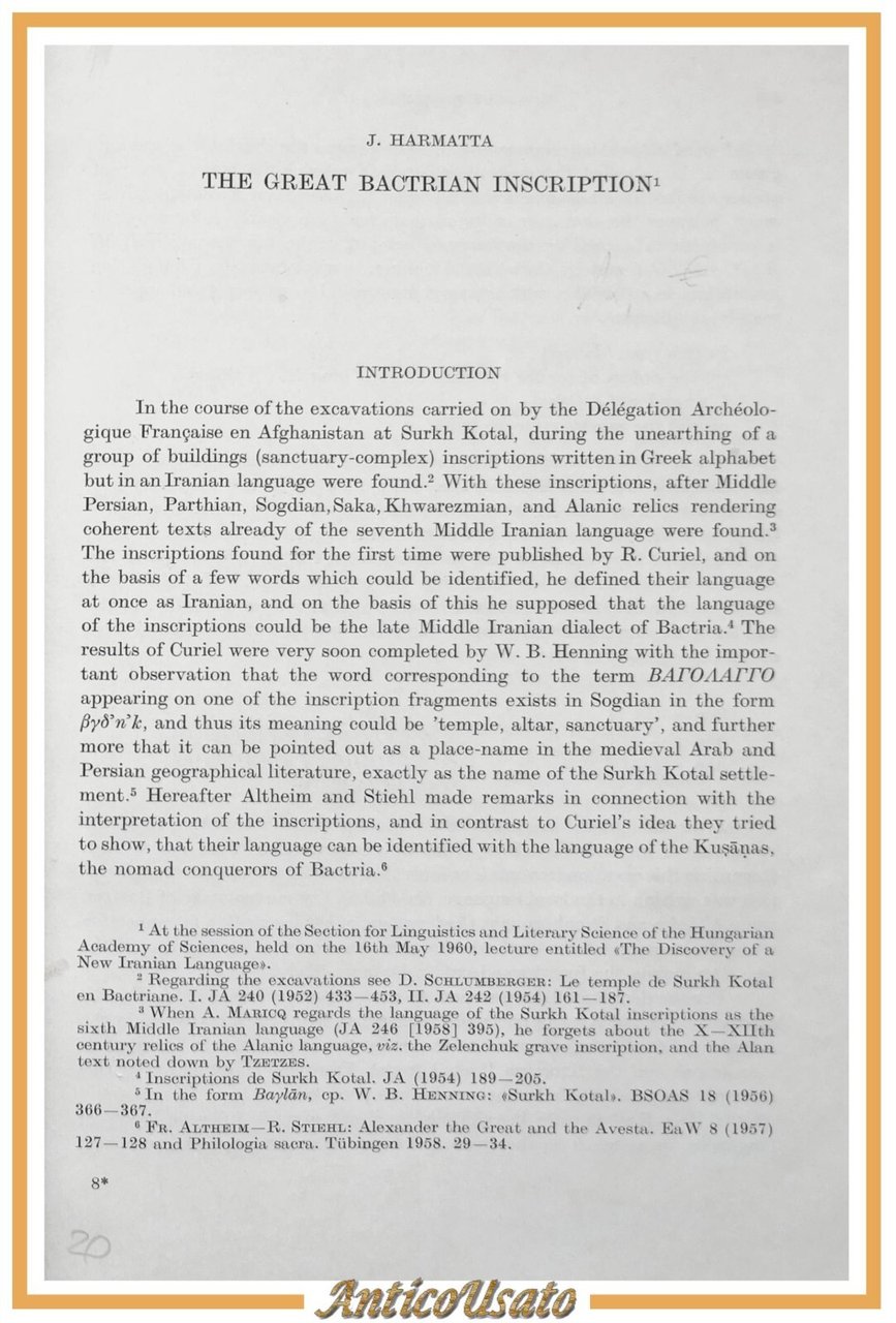 THE GREAT BACTRIAN INSCRIPTION di Janos Harmatta 1964 estratto Acta …