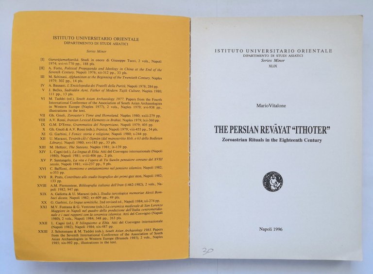 THE PERSIAN REVAYAT ITHOTER di Mario Vitalone 1996 Libro zoroastrian …
