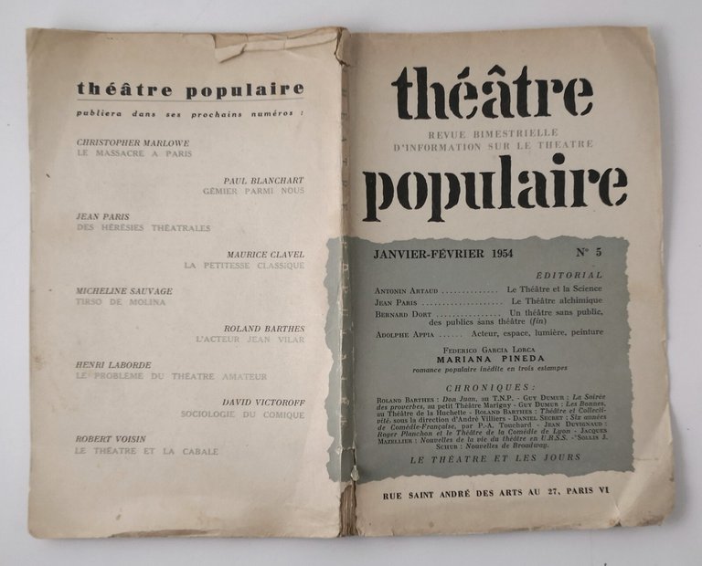 THEATRE POPULAIRE Numero 5 1954 Garcia Lorca Mariana Pineda Rivista …
