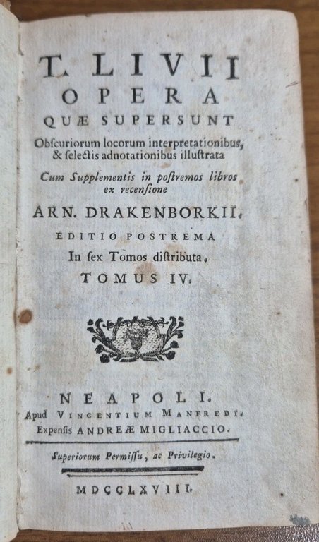 TITI LIVII OPERA quae supersunt Volume 4 - 1768 Tito Livio libro antico Manfredi
