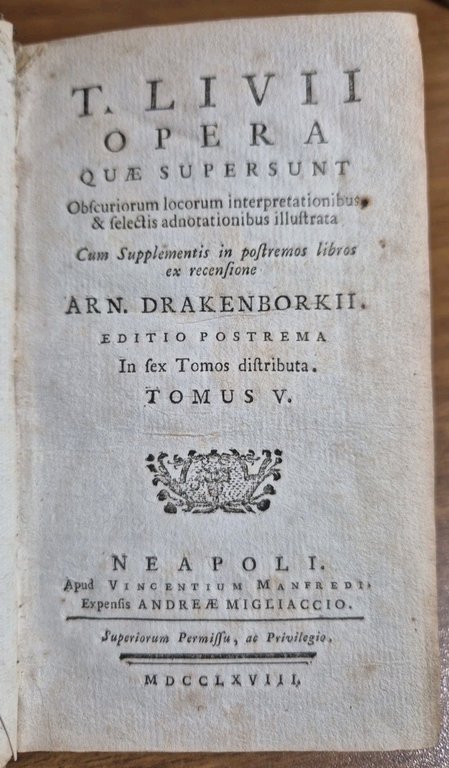 TITI LIVII OPERA quae supersunt Volume 5 - 1768 Tito Livio libro antico Manfredi