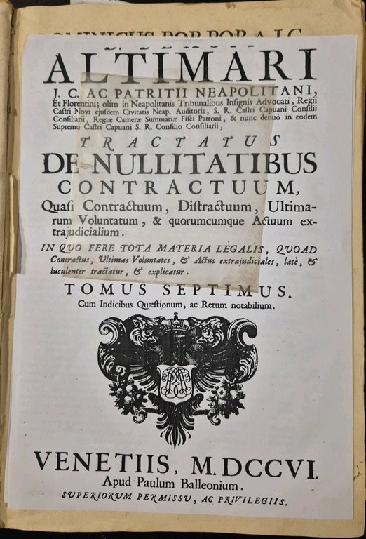 TRACTATUS DE NULLITATIBUS CONTRACTUM TOMO VII di Altimari 1706 libro …