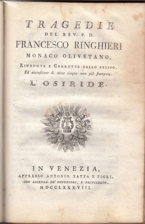 TRAGEDIE del reverendo Francesco Ringhieri tomo II Zatta 1788 libro …