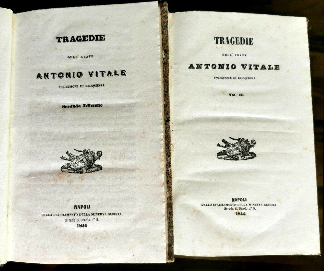 TRAGEDIE dell'abate Antonio Vitale 2 VOLUMI 1846 Minerva Sebezia libro …