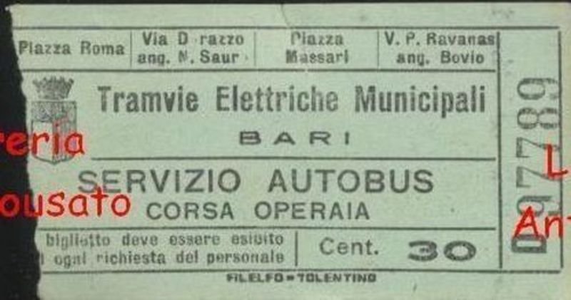 TRAMVIE ELETTRICHE MUNICIPALI BARI BIGLIETTO TRAM PRIMO DOPOGUERRA? cent.30