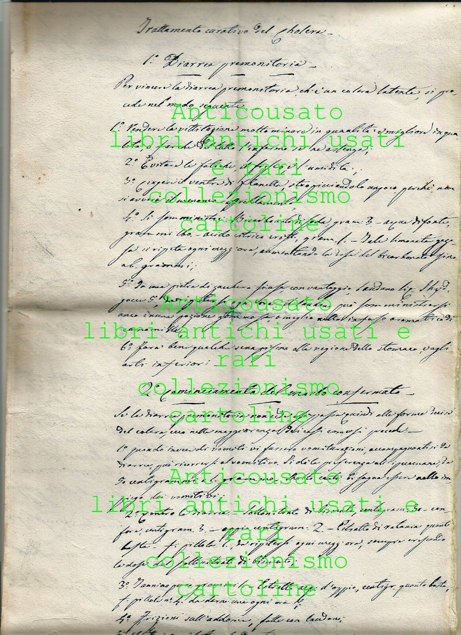 TRATTAMENTO CURATIVO DEL COLERA manoscritto del 1867 cholera ANTICO ORIGINALE