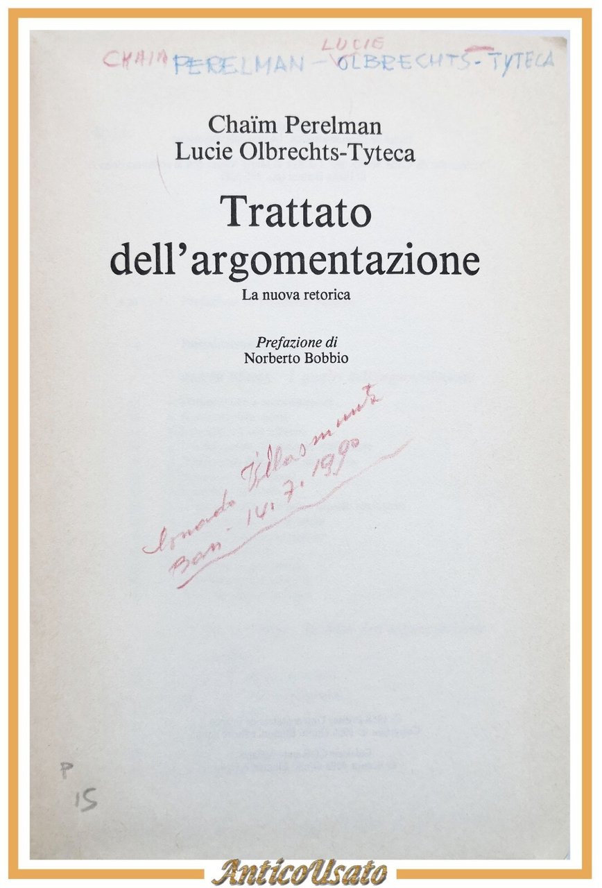 TRATTATO DELL'ARGOMENTAZIONE di Perelman e Olbrechts Tyteca 1989 Einaudi Libro