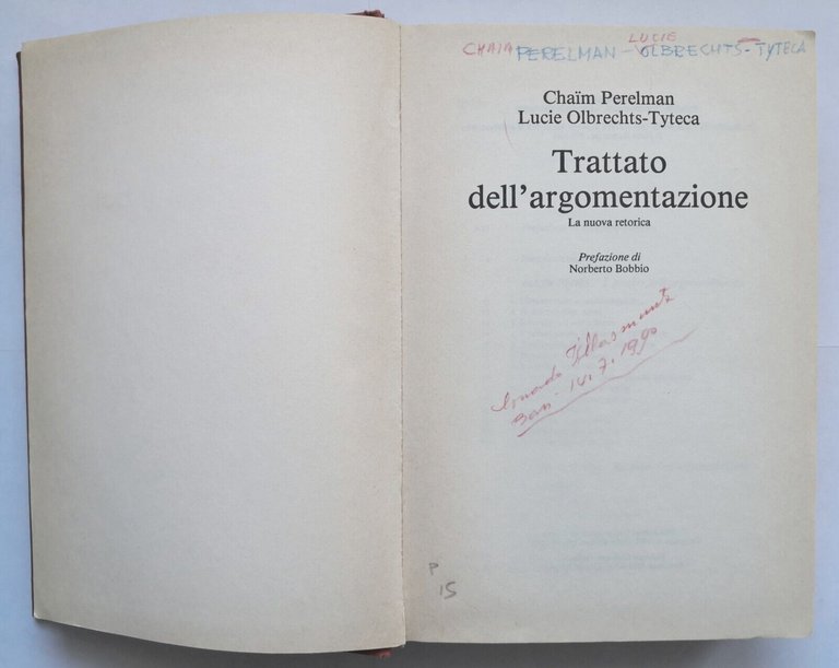 TRATTATO DELL'ARGOMENTAZIONE di Perelman e Olbrechts Tyteca 1989 Einaudi Libro
