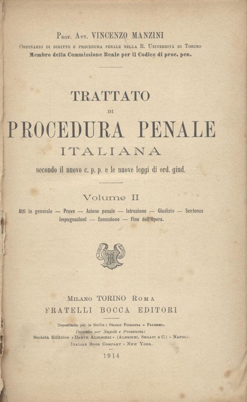 Trattato Di Procedura Penale Italiana volume II di Vincenzo Manzini …