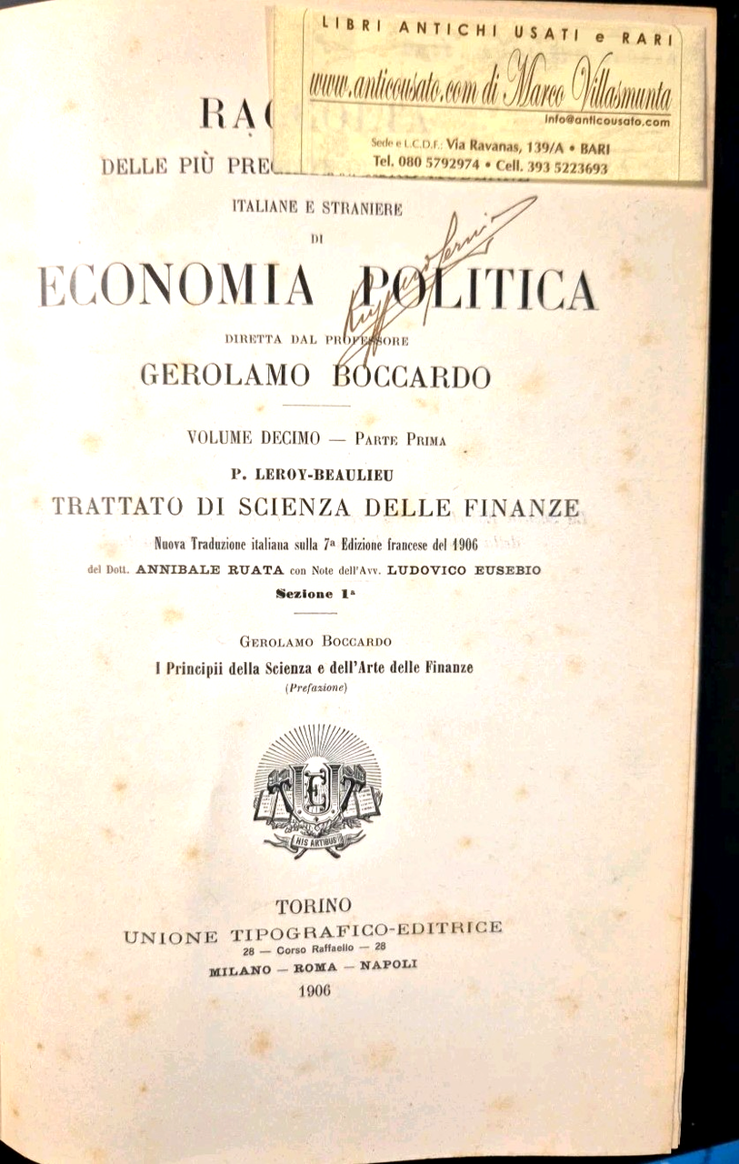 TRATTATO DI SCIENZA DELLE FINANZE Leroy Beaulieu 1906 UTET libro …