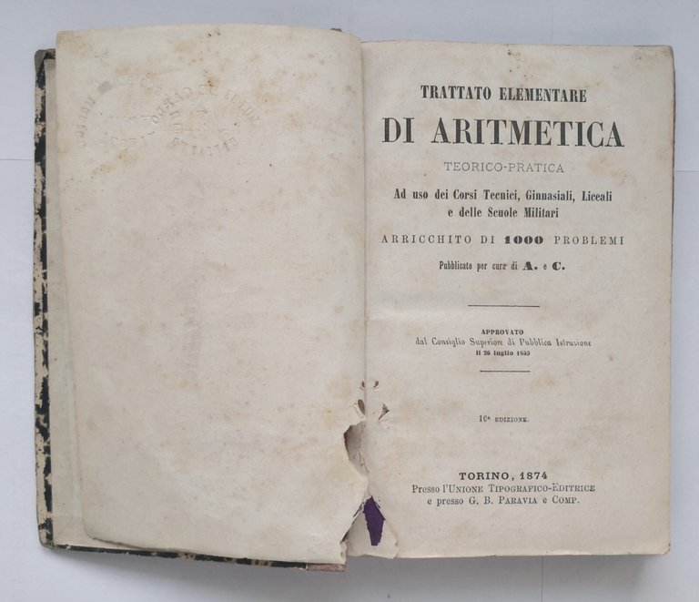 TRATTATO ELEMENTARE DI ARITMETICA teorico pratica 1874 UTET Paravia libro …