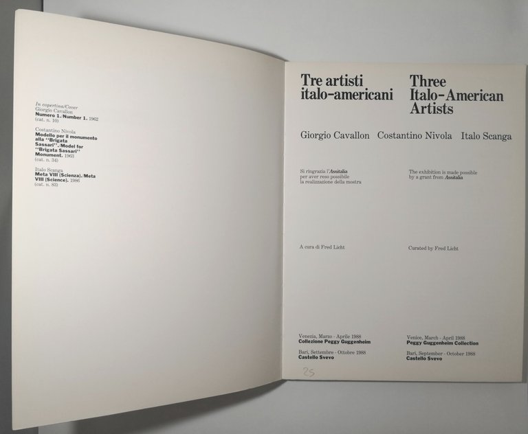 TRE ARTISTI ITALO AMERICANI Catalogo Mostra 1988 Mondadori Libro Three …