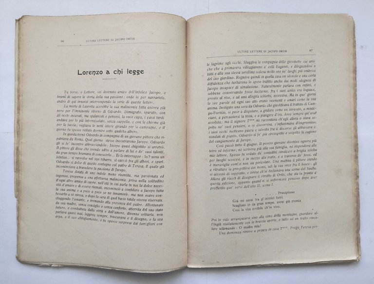ULTIME LETTERE DI JACOPO ORTIS di Ugo Foscolo 1908 Editoriale …