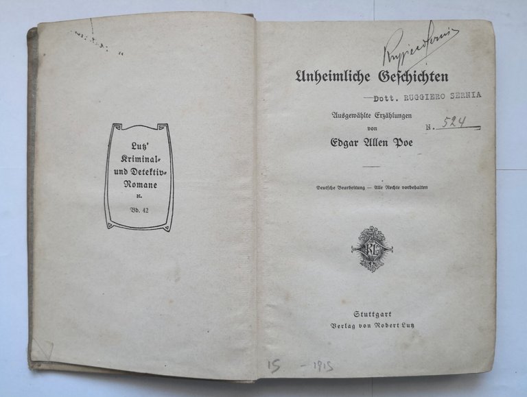 UNHEIMLICHE GESCHICHTEN di Edgar Allen Poe 1915 Robert Luy Libro …