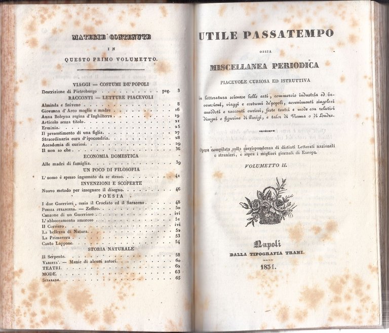 UTILE PASSATEMPO OSSIA MISCELLANEA PERIODICA 1834 7 Numeri Volumetto Libro …