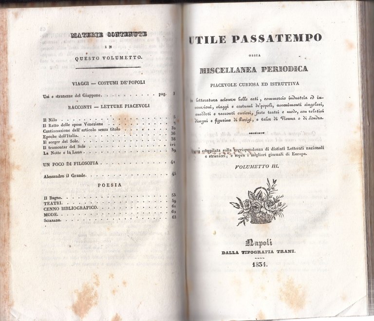 UTILE PASSATEMPO OSSIA MISCELLANEA PERIODICA 1834 7 Numeri Volumetto Libro …