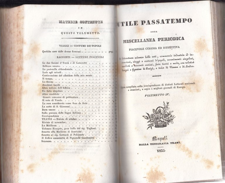 UTILE PASSATEMPO OSSIA MISCELLANEA PERIODICA 1834 7 Numeri Volumetto Libro …