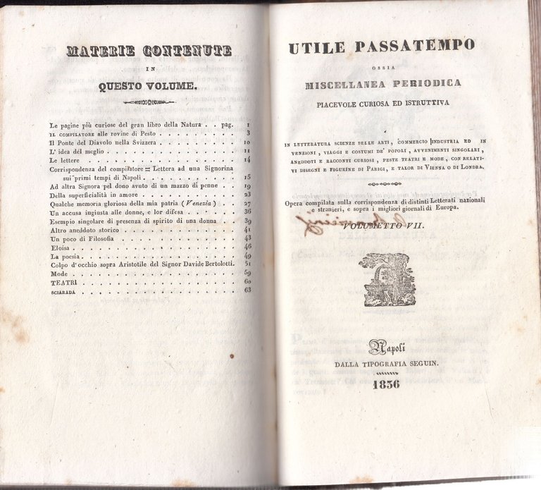 UTILE PASSATEMPO OSSIA MISCELLANEA PERIODICA 1834 7 Numeri Volumetto Libro …