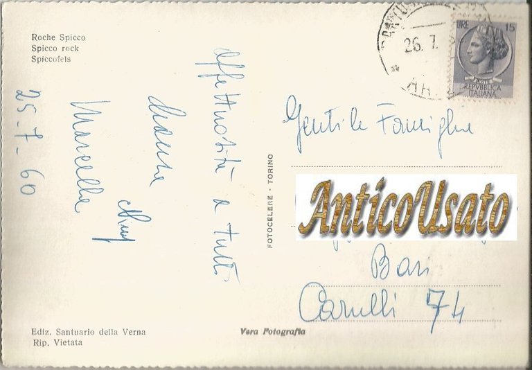 Verna Sasso Spicco Cartolina Arezzo Viaggiata 1960 Originale Vintage Postcard