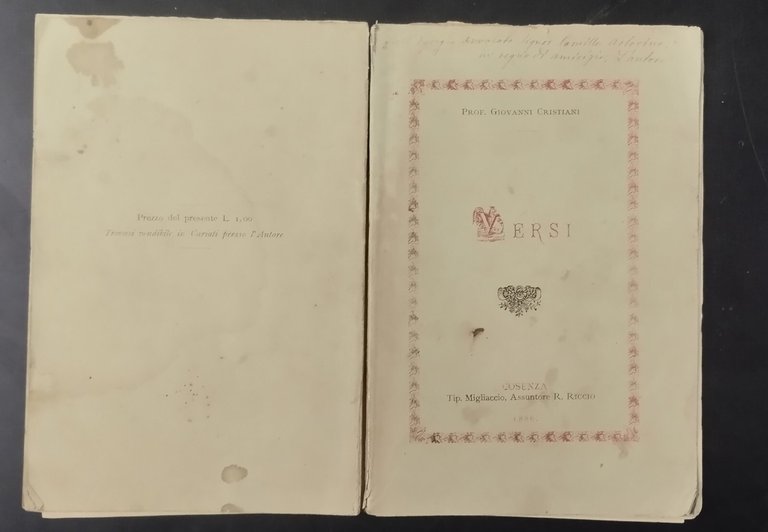 VERSI del Professor Giovanni Cristiani 1886 Cosenza Migliaccio Libro antico