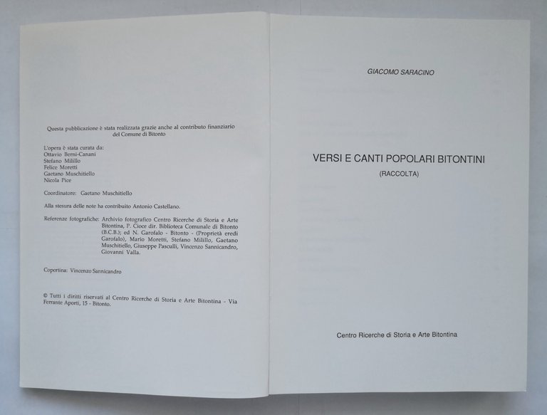 VERSI E CANTI POPOLARI BITONTINI di Giacomo Saracino 1990 libro …