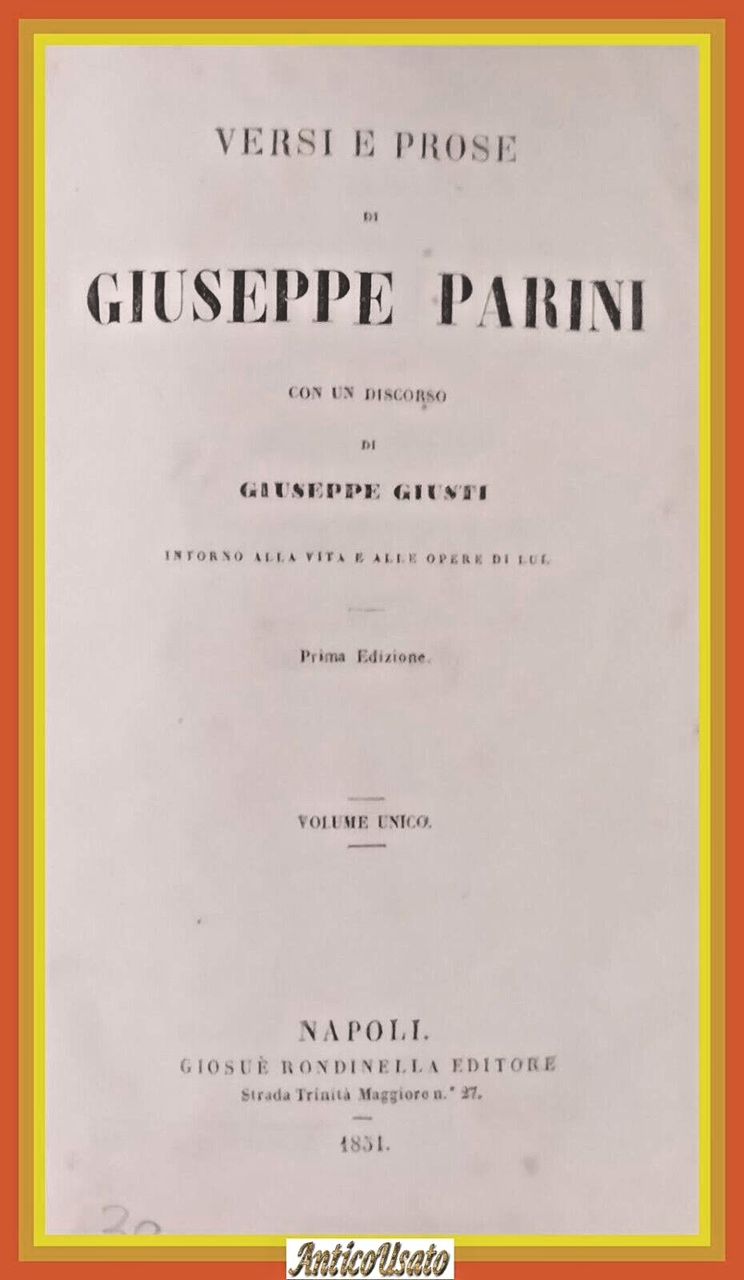 VERSI E POESIE di Giuseppe Parini 1851 Rondinella Libro antico …