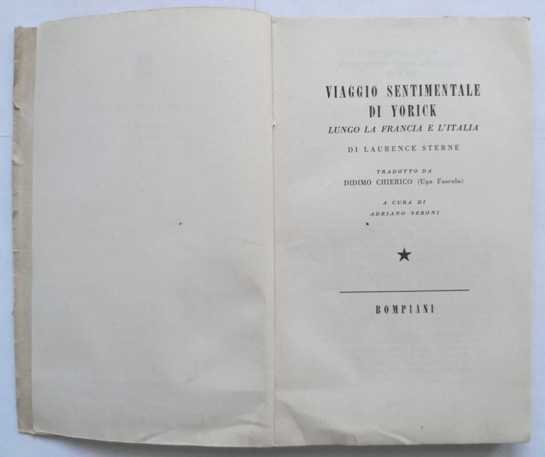VIAGGIO SENTIMENTALE DI YORICK di Laurence Sterne 1944 Bompiani Libro …
