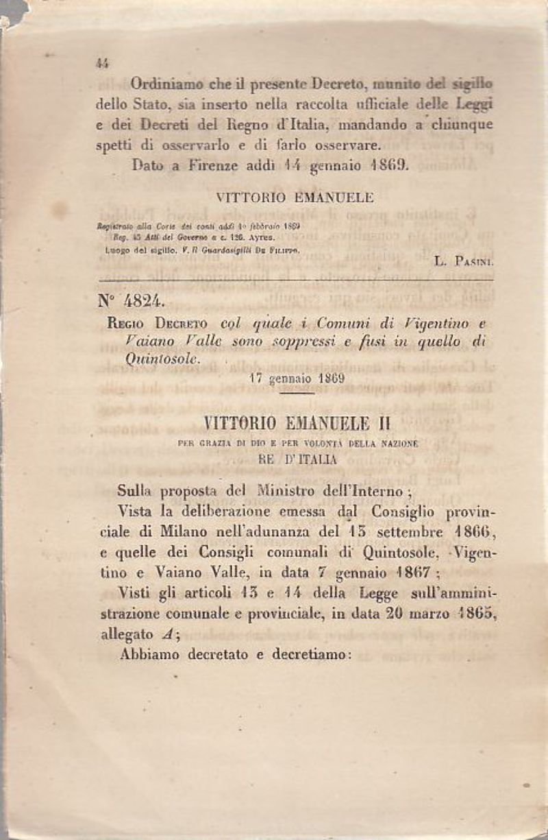 VIGENTINO VAIANO VALLE soppressi REGIO DECRETO 1869 QUINTOSOLE originale antico