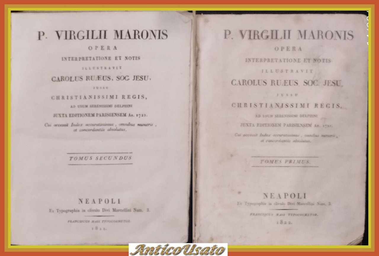 VIRGILII MARONIS OPERA 2 VOLUMI 1822 Masi Libro antico Eneide …