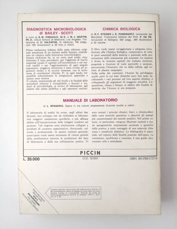 VITA E MICRORGANISMI di Marchegiani Mirra 2 volumi 1988 Piccin …