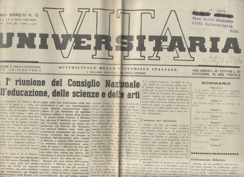 VITA UNIVERSITARIA 5 maggio 1939 quindicinale università italiane giornale