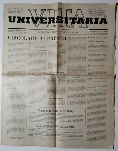 VITA UNIVERSITARIA Quindicinale Università Italiane 29 02 1940 giornale fascismo