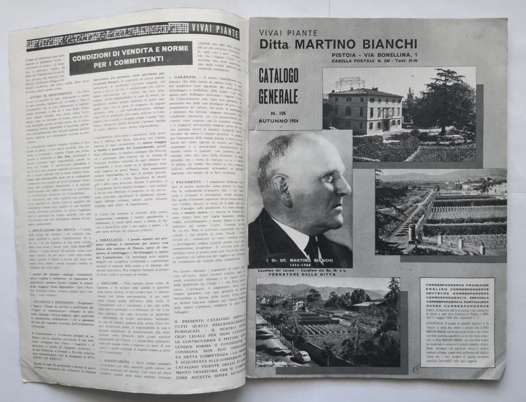 VIVAI PIANTE DITTA MARTINO BIANCHI catalogo Numero 105 settembre 1954 …