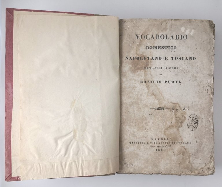 VOCABOLARIO DOMESTICO NAPOLETANO E TOSCANO di Basilio Puoti 1841 Libro …