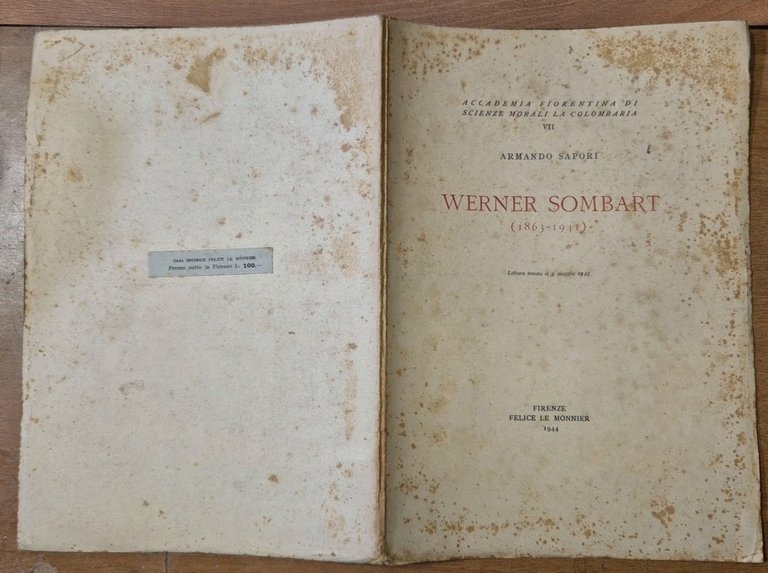 WERNER SOMBART (1863-1941) di Armando Sapori 1944 Olschki libro lettura …