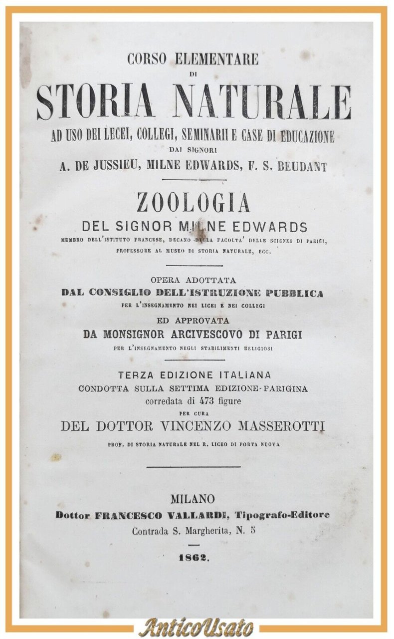 ZOOLOGIA di Milne Edwards 1862 Vallardi Storia Naturale Libro Antico
