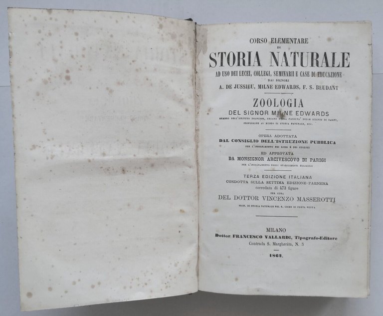 ZOOLOGIA di Milne Edwards 1862 Vallardi Storia Naturale Libro Antico