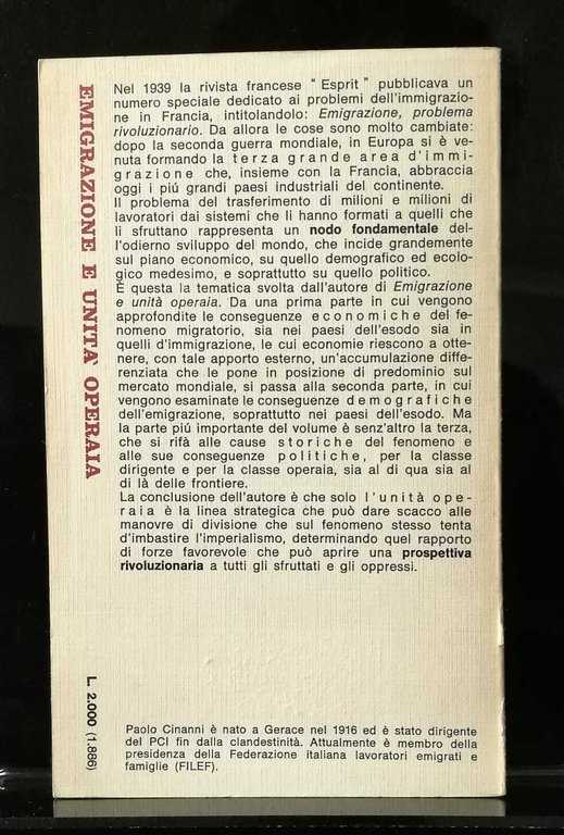 Cinanni EMIGRAZIONE E UNITÀ OPERAIA Feltrinelli 1976 Carlo Levi